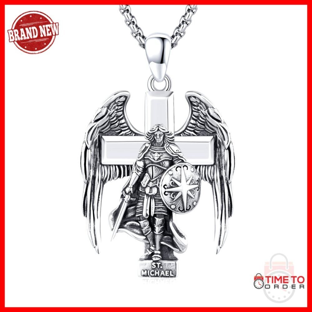 925 Sterling Silver St Michael Archangel Pendant Necklace with Stainless Steel